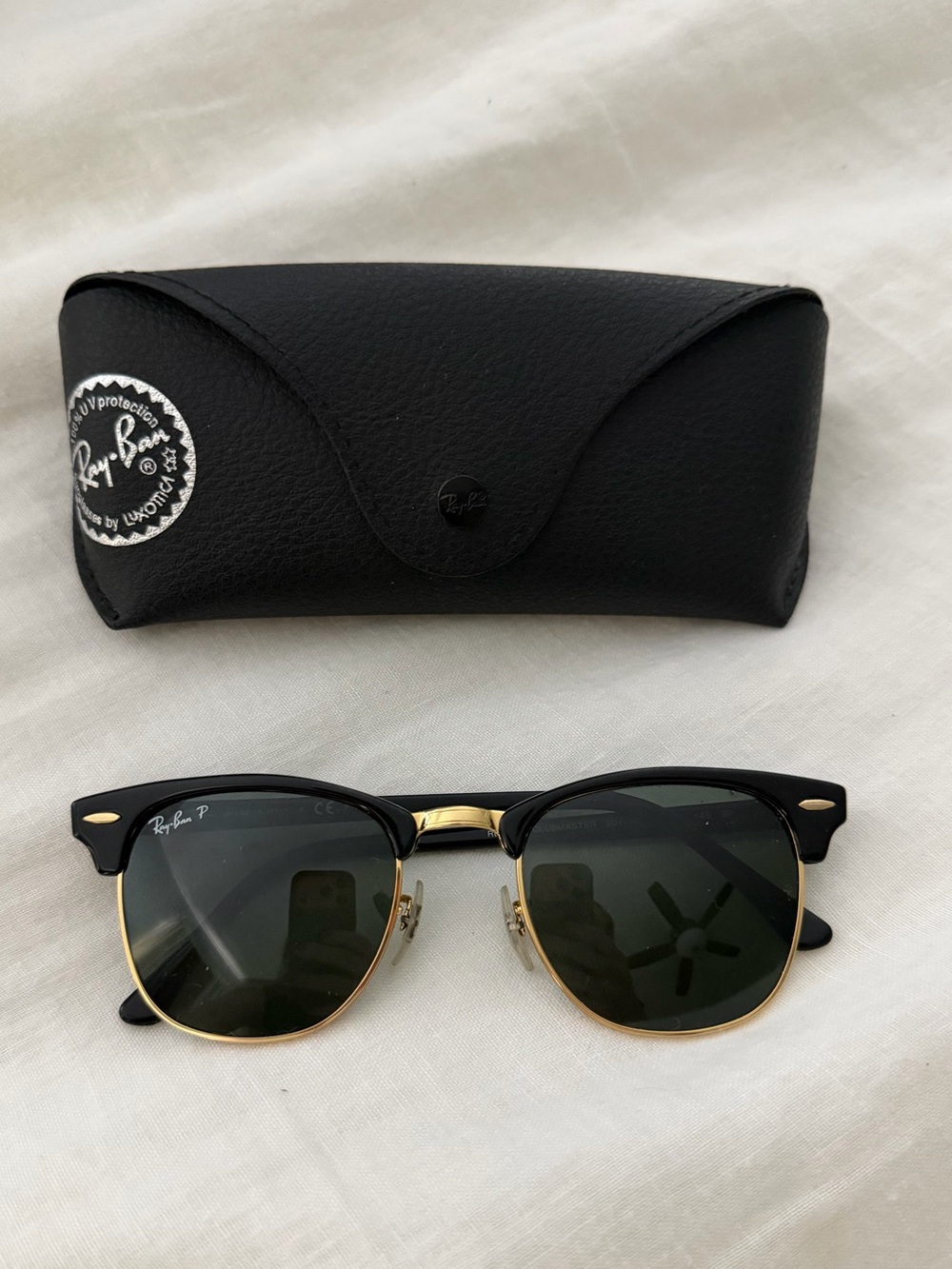 Ray-Ban Black and Gold Clubmaster Sunglasses with Polarized Lenses